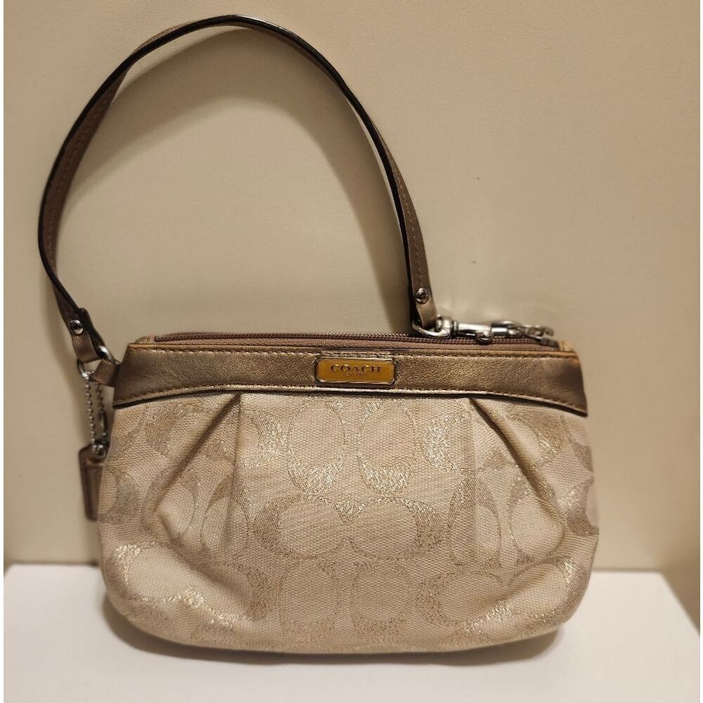 NEW Coach 1941 Metallic Gold "CC" Print Canvas Leather Trim Clutch/Wristlet $149